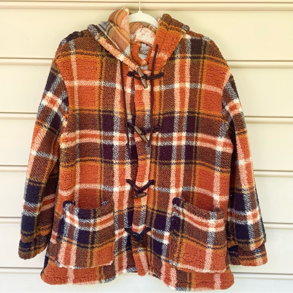 Sabrina Lauren Cozy Orange Purple Plaid Toggle Hooded Fleece Jacket L